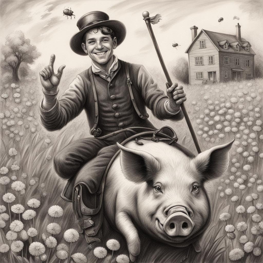 Chimney Sweep Rides Pig in Clover Field