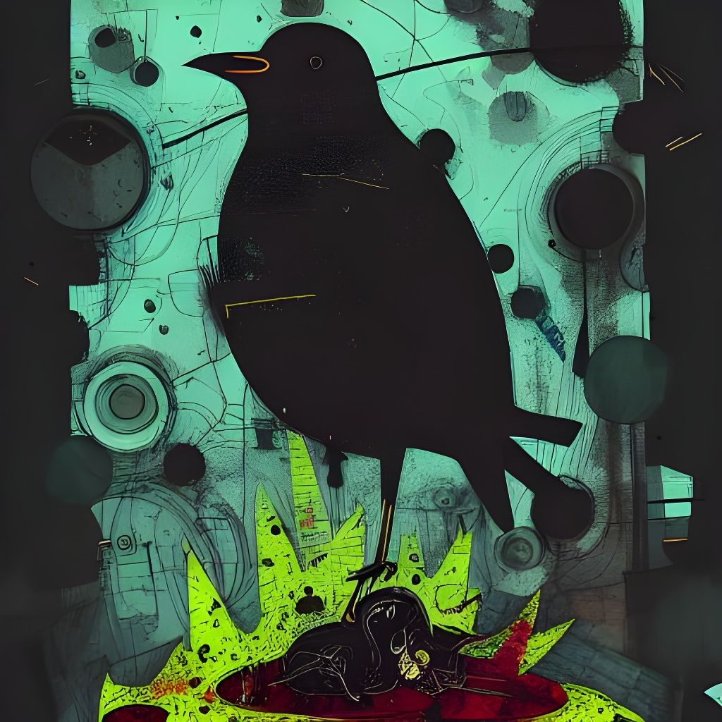 Blackbird in Nuclear Cloud: Detailed Ink Illustration