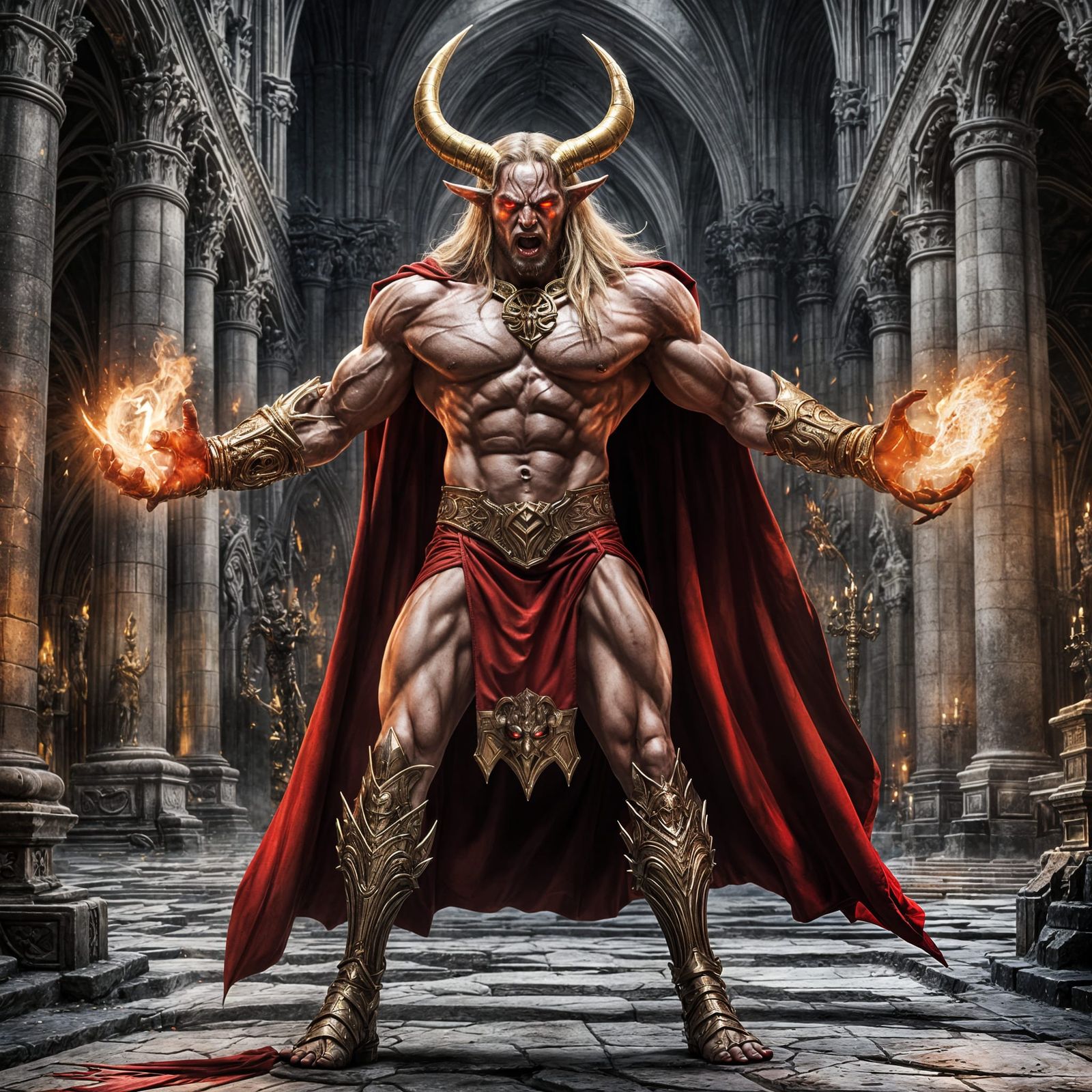 Fierce Satan in Gloomy Cathedral: Hyperrealistic Masterpiece