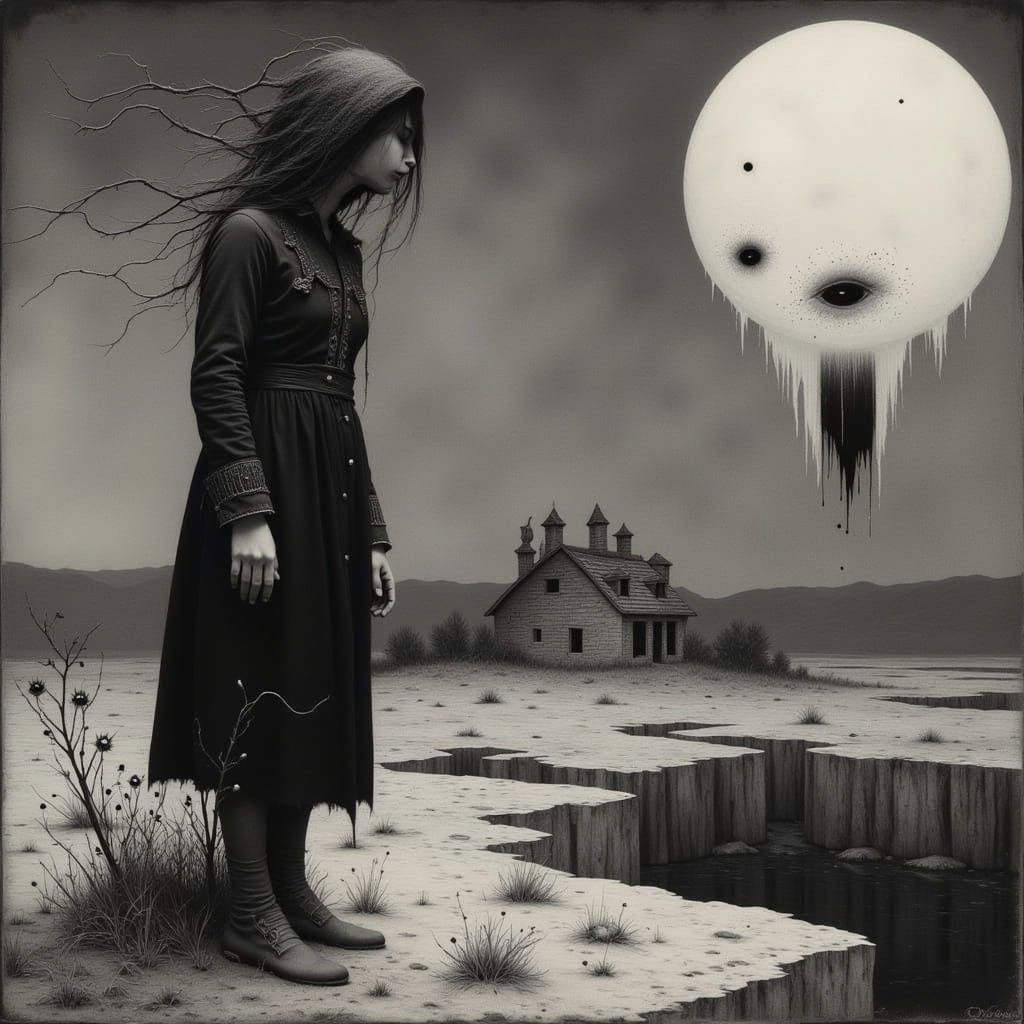 Gothic Alien Goddess Basks Under Moonlit Snowscape