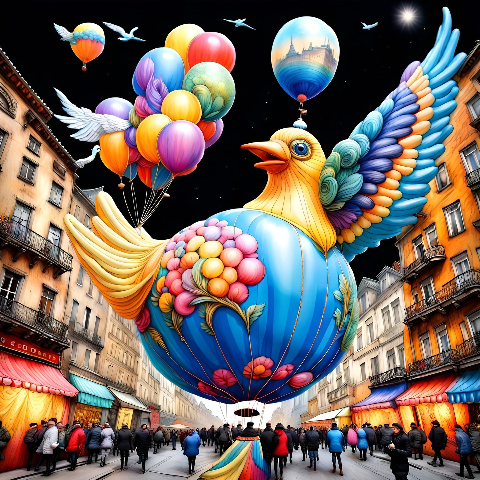 Bird Balloon Soaring Above City: Inflatable Art