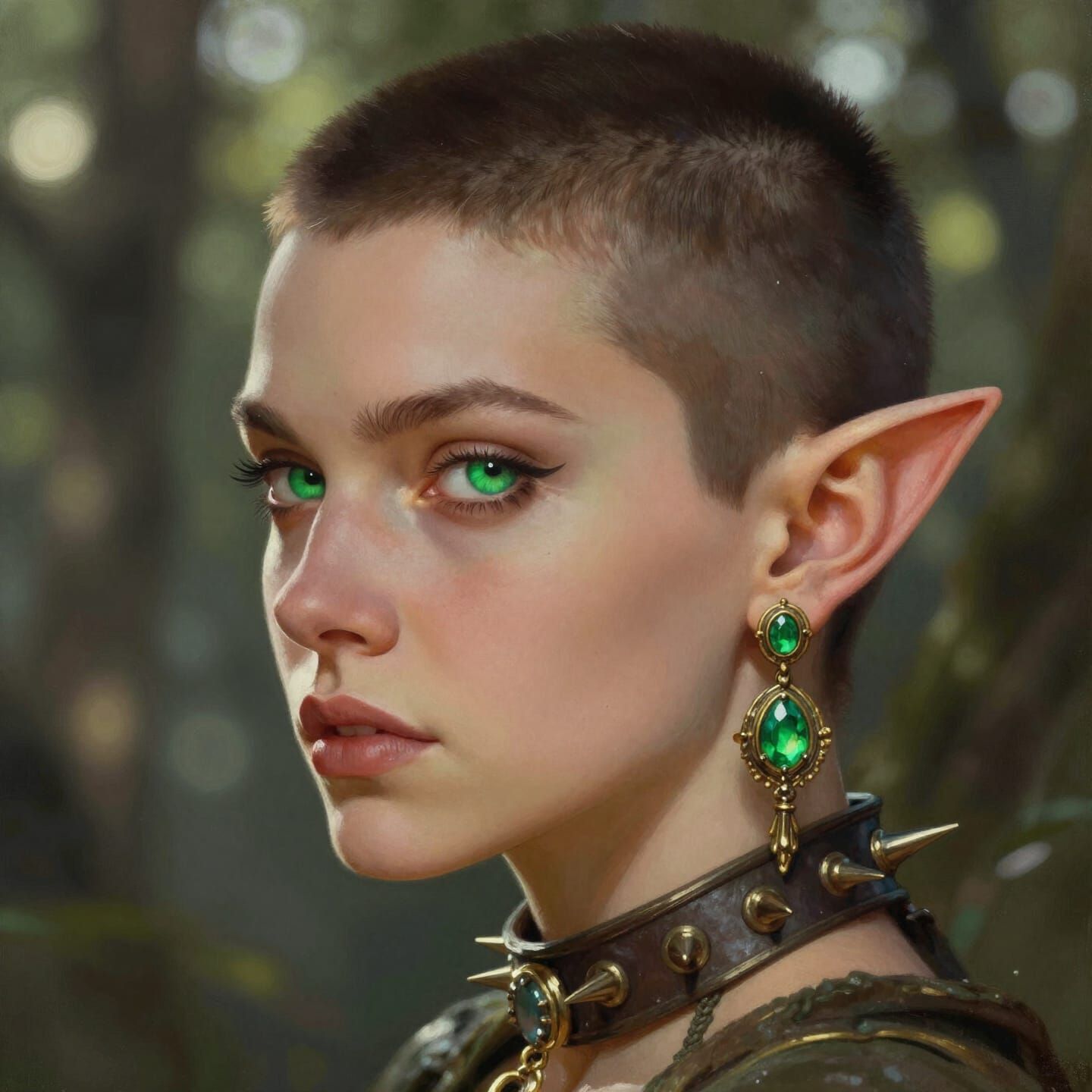 Elf Portrait with Emerald Eyes and Baroque Earrings