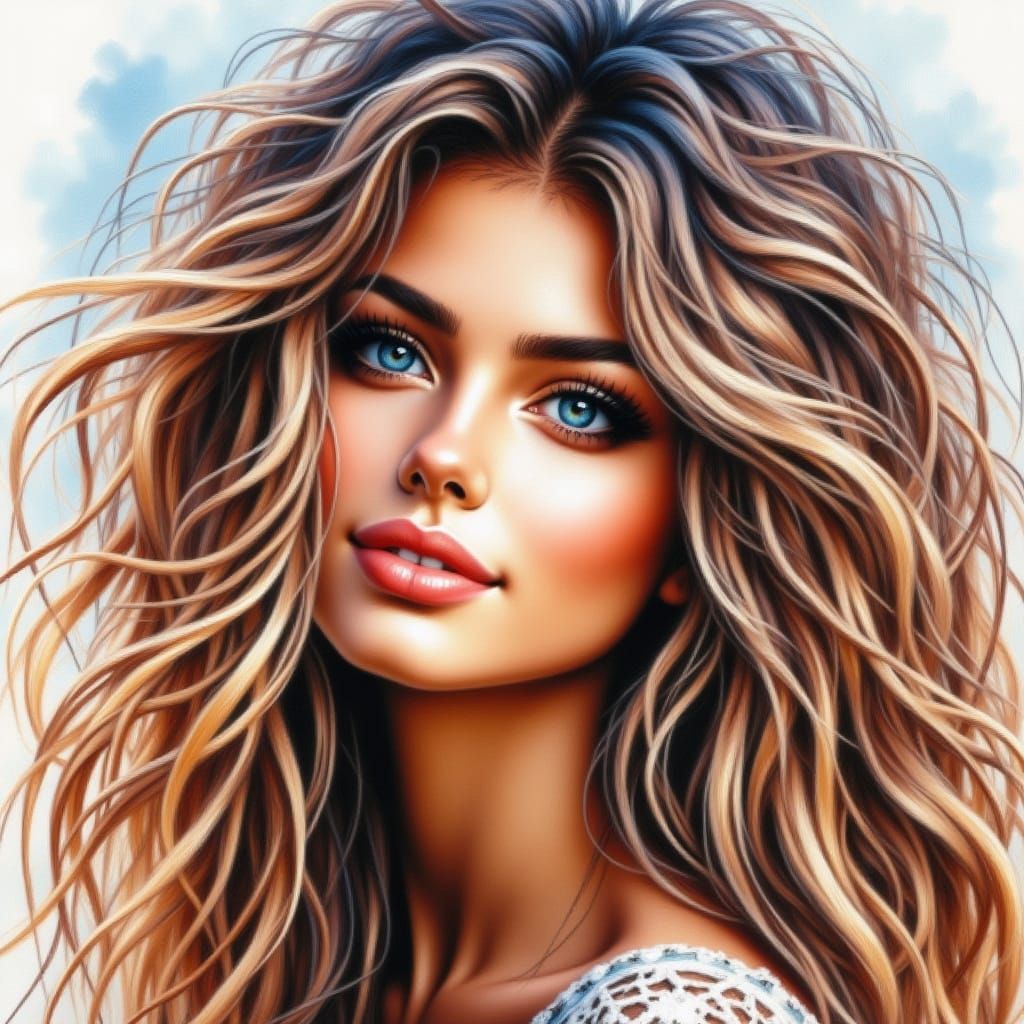 Elegant Portrait of a Young Woman in Oil Watercolor