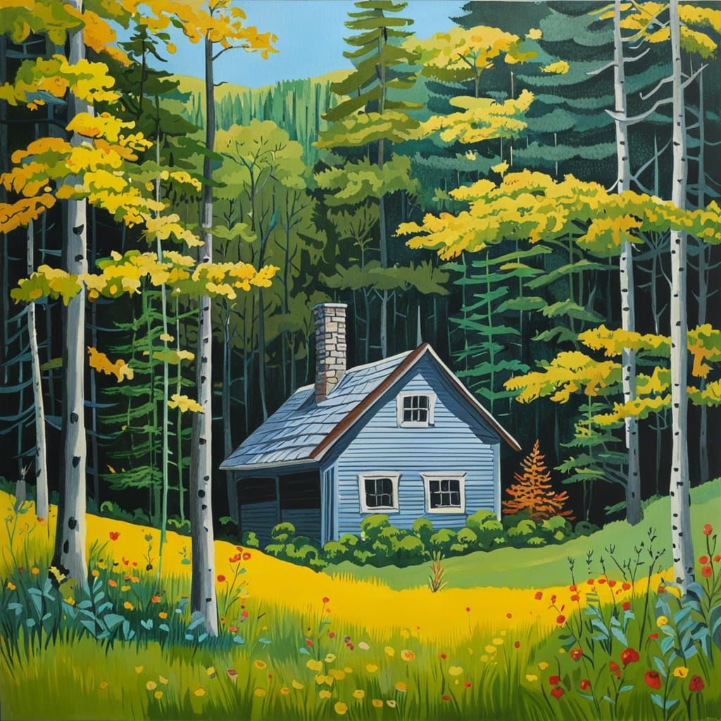 Cabin in Hilly Woods: Gouache Painting