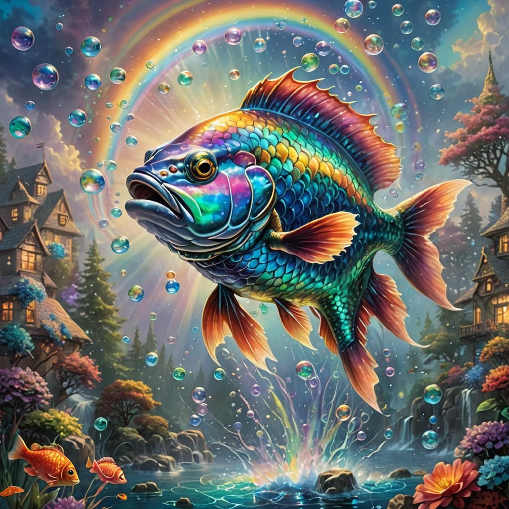 Multi-Armed Fish Slaps Rainbow in Ethereal Fantasy