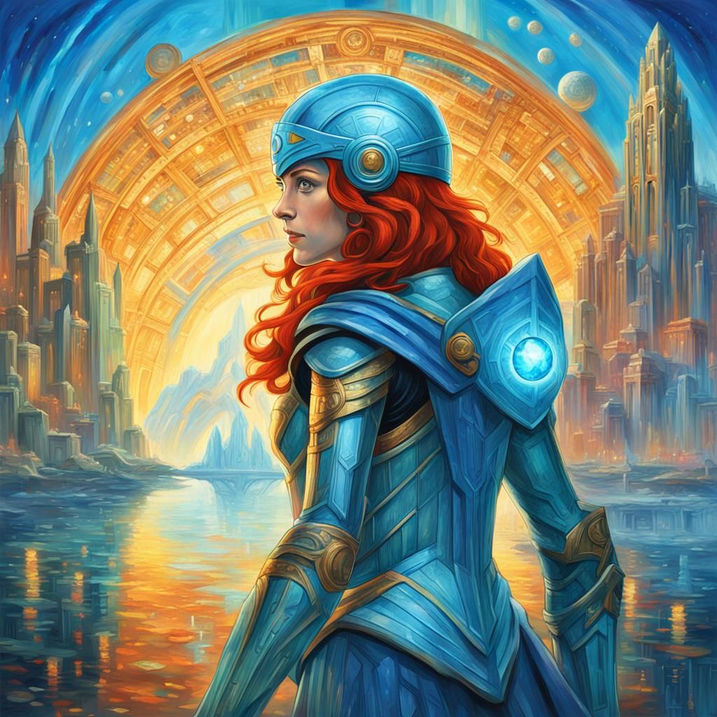 Athena-like Heroine in Crystalline Atlantis, Impressionistic...
