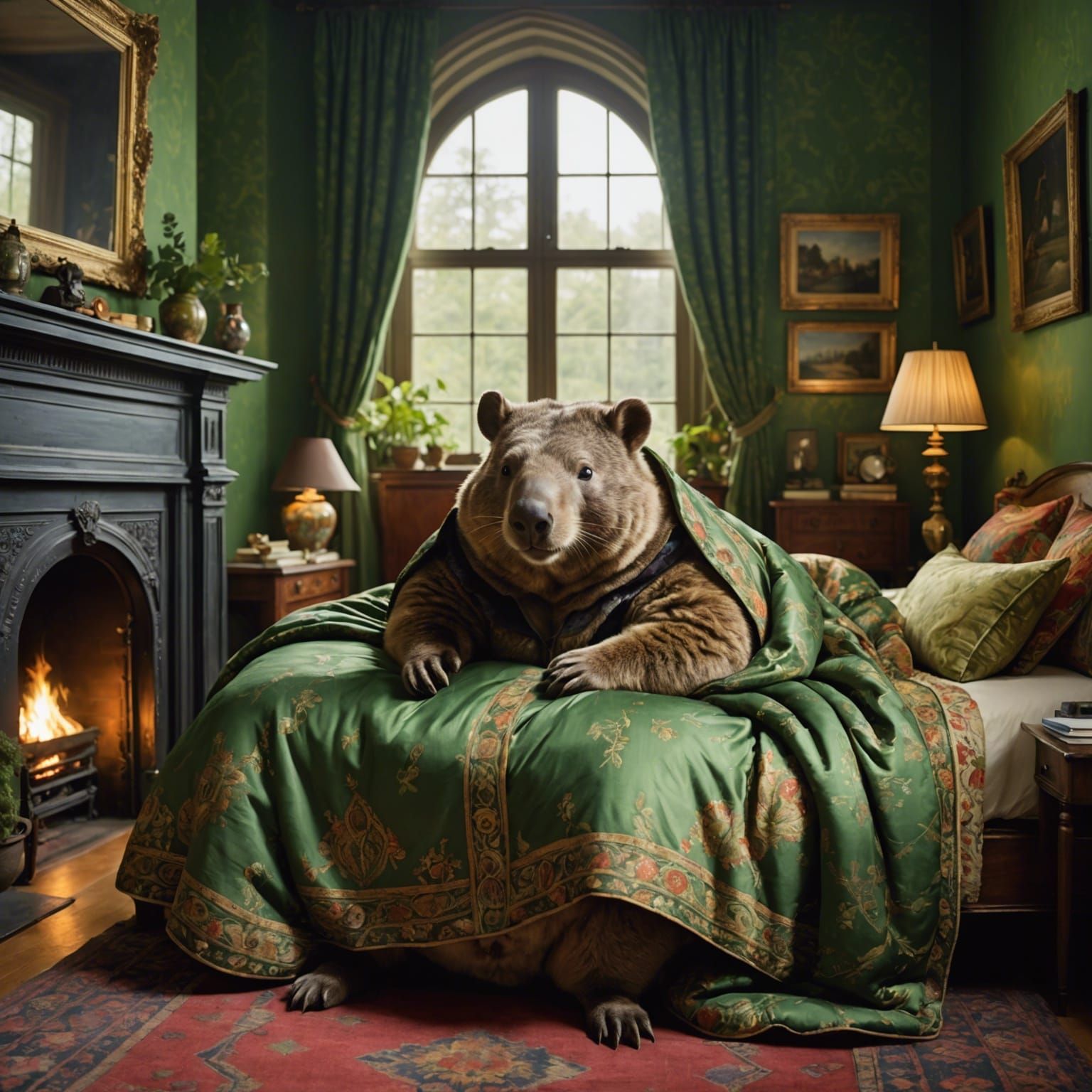 Anthropomorphic Wombat in Opulent Bedroom, Traditional Portr...