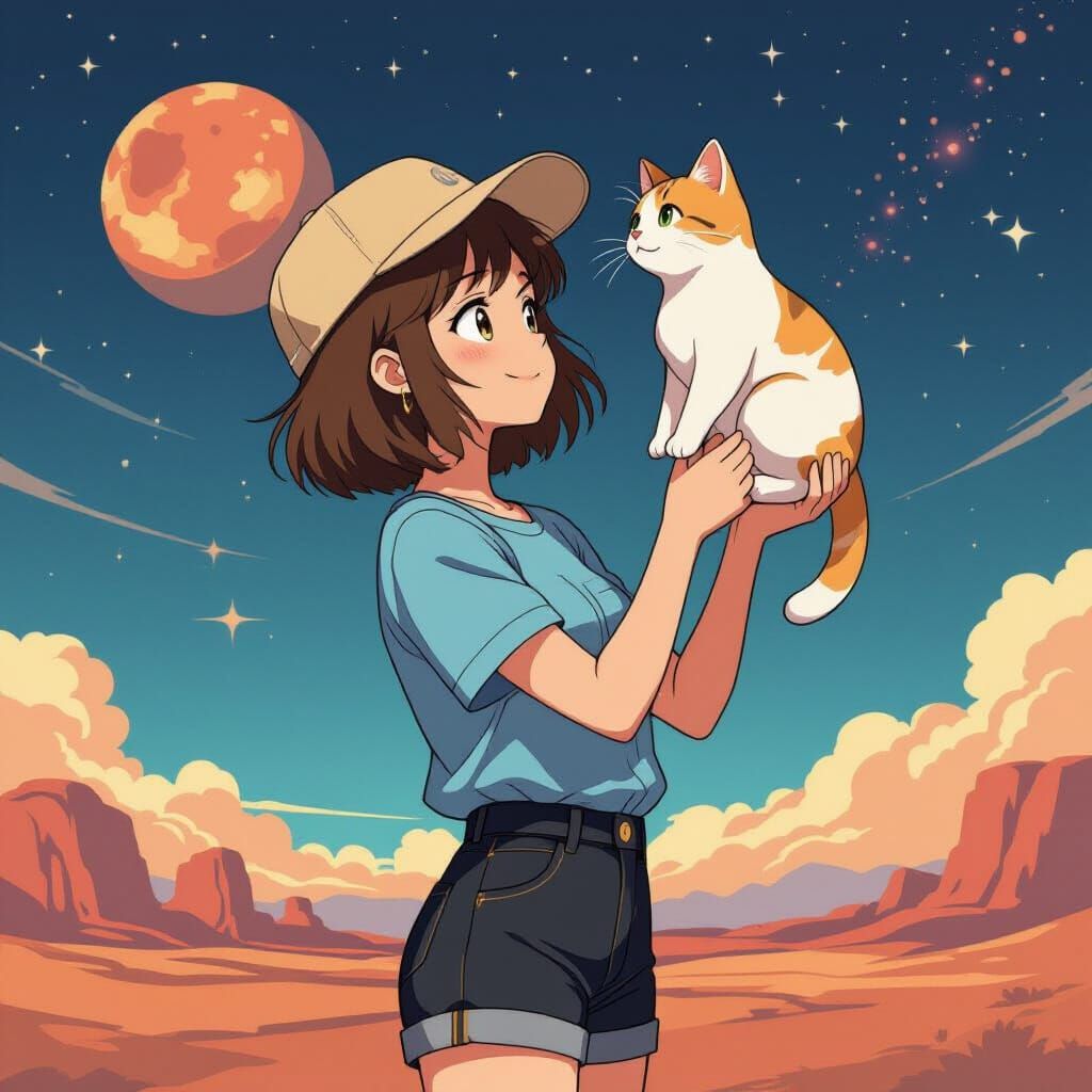 Girl with Cat on Mars in Anime Style Wallpaper