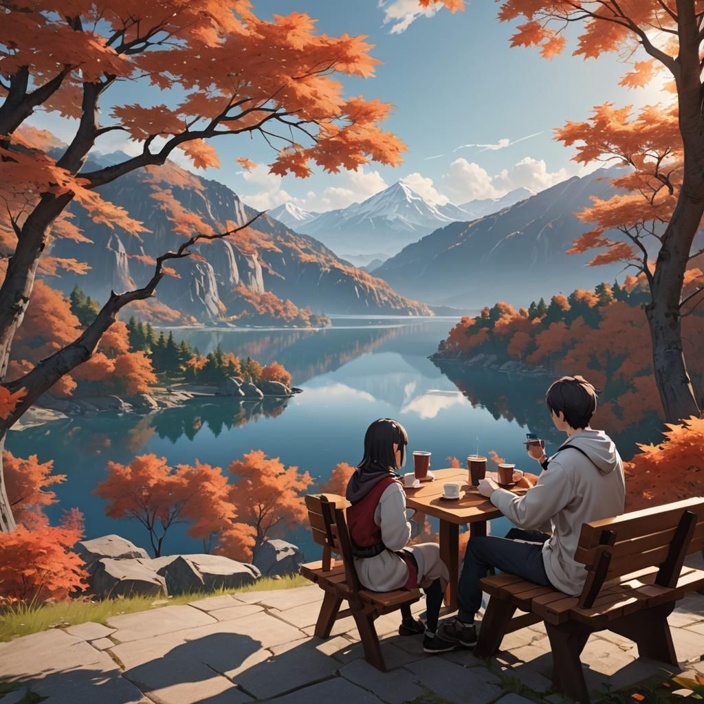 Serene Mountain View: Anime Friends Enjoying Coffee