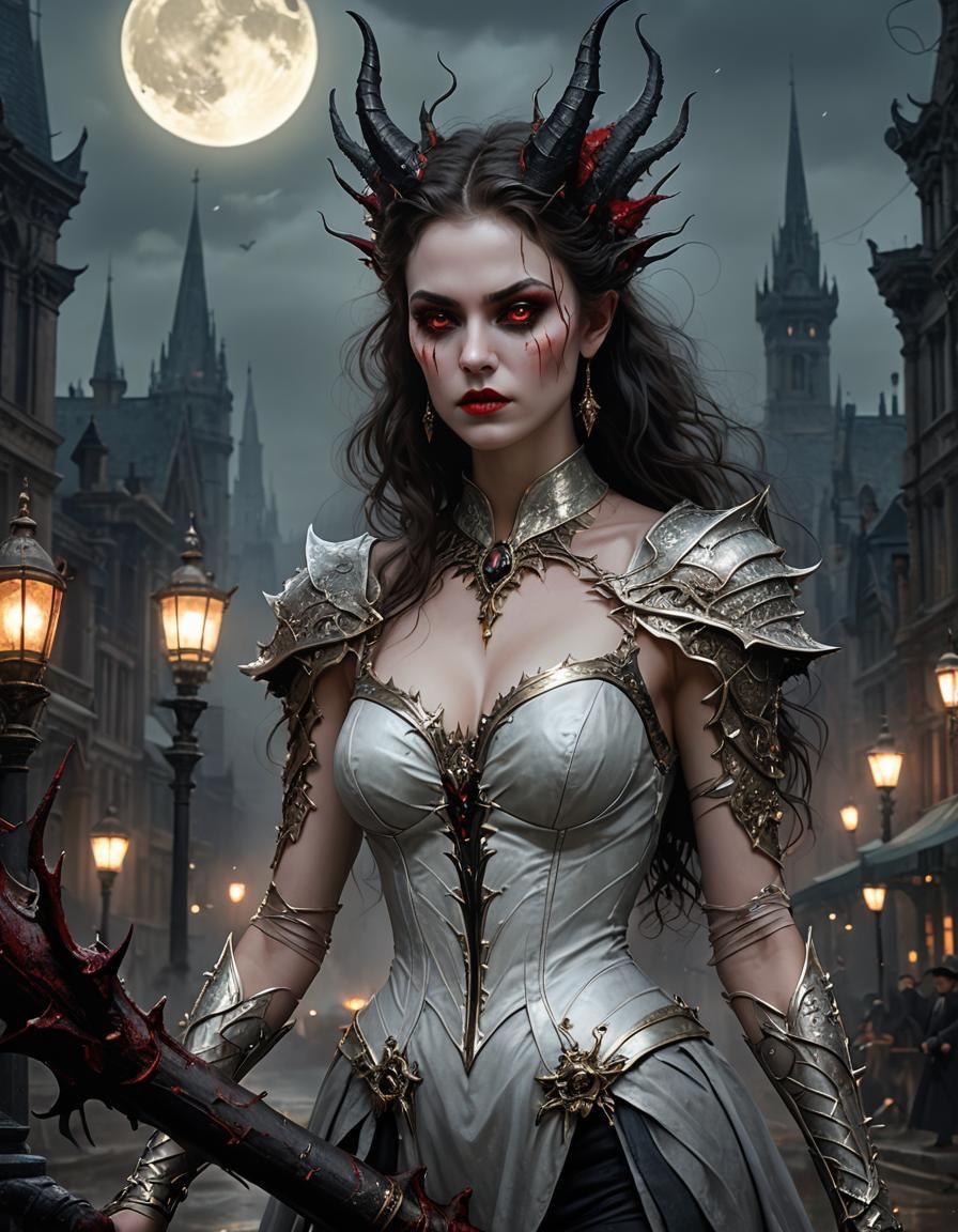 Sinister Demoness in Ruined Cityscape