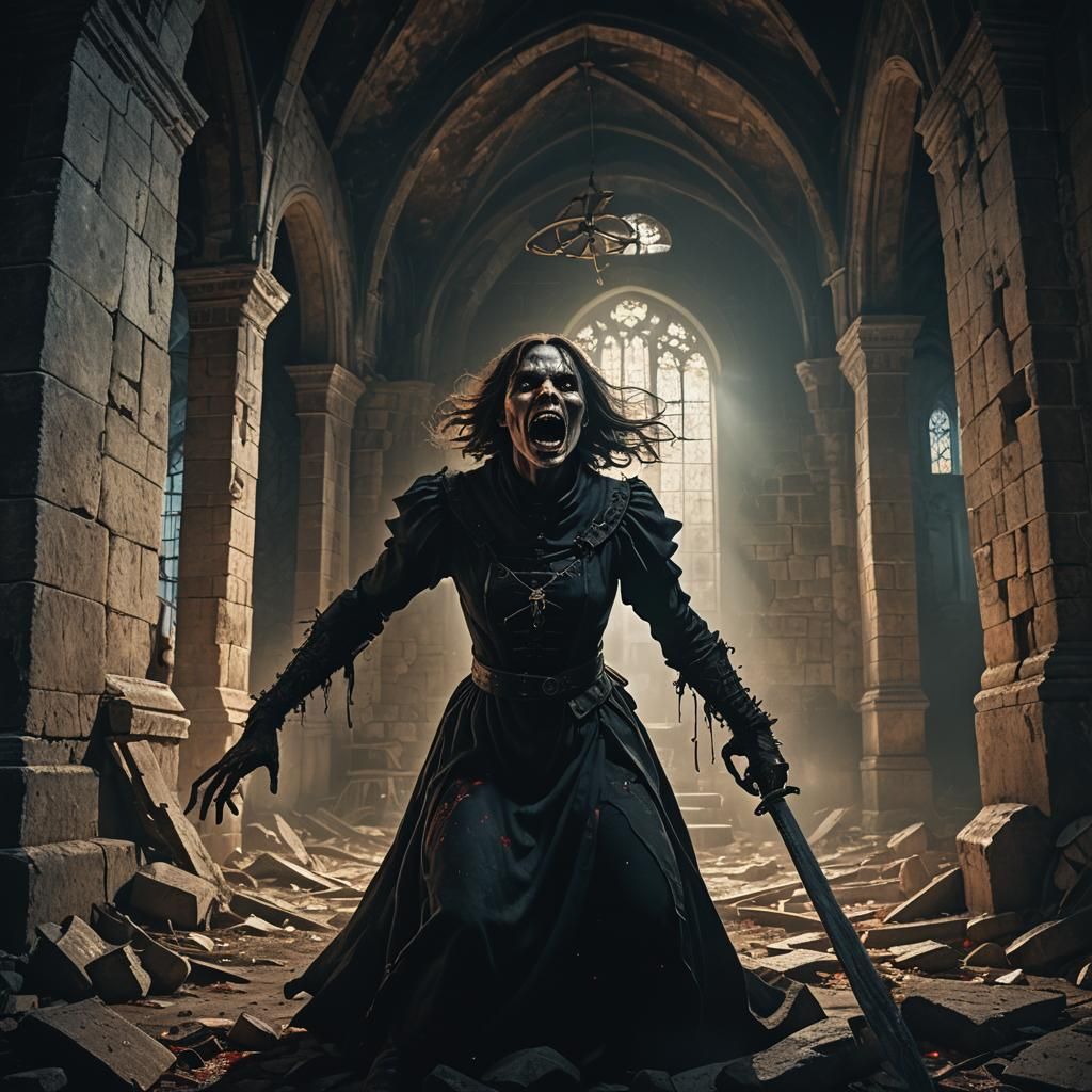 Woman Battles Ghoul in Haunted Church: Dark Fantasy Art