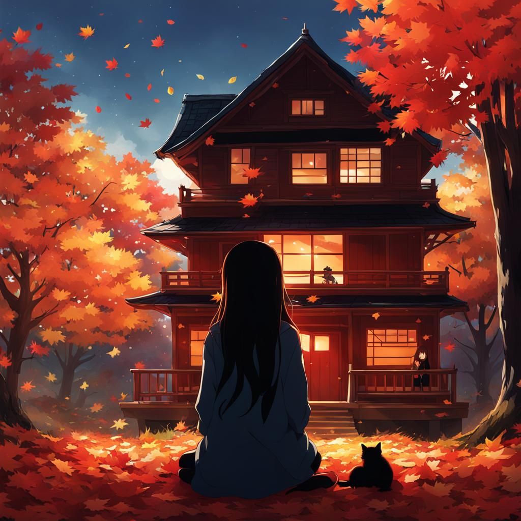 Girl Watching Autumn Leaves in Anime Style