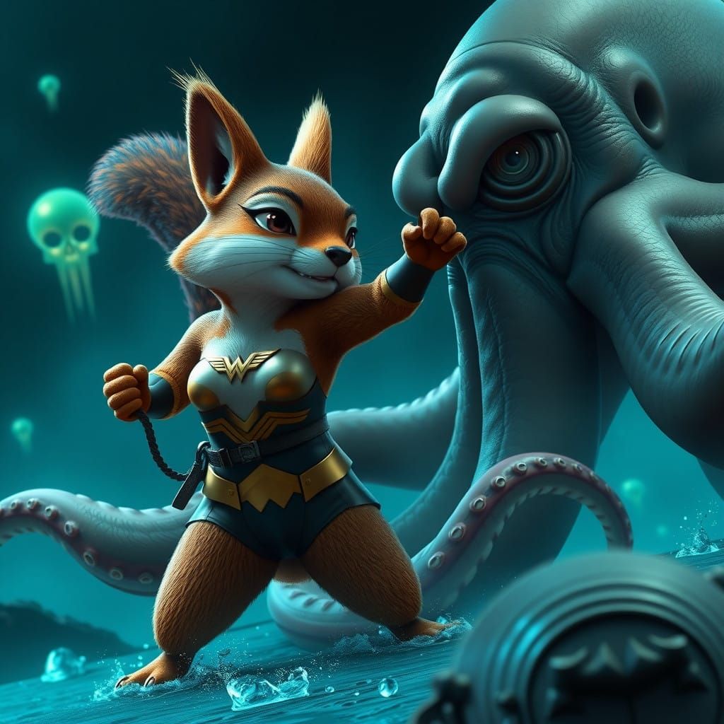 Giant Squirrel Warrior Battles Octopus in Dark, Misty Oceani...