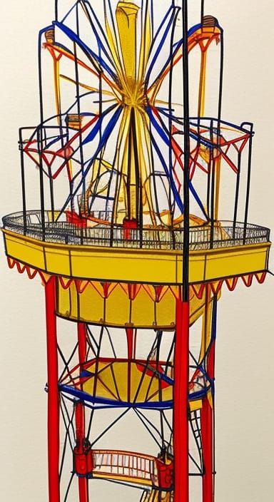 Amusement Park Parachute Tower Ride in Pen and Ink