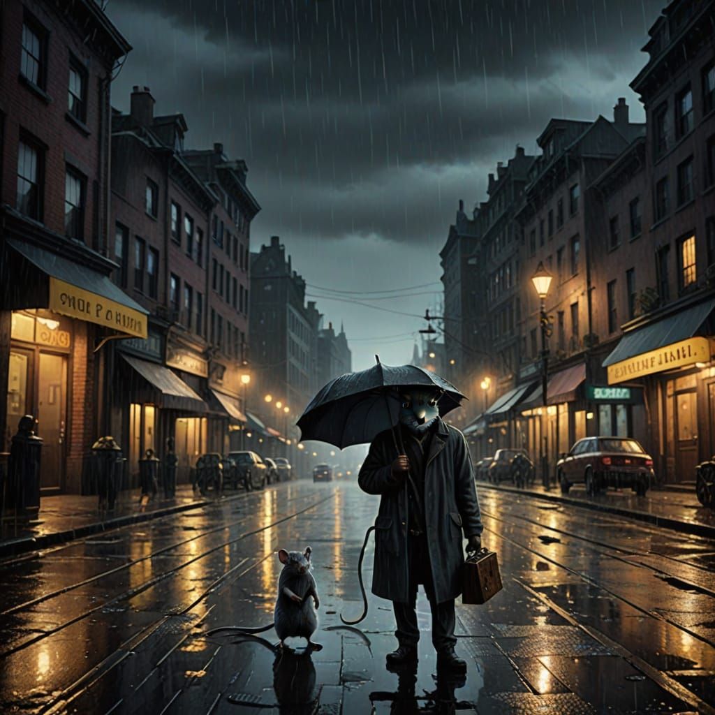 Whimsical Rainy City Night Scene in Edward Gorey Style