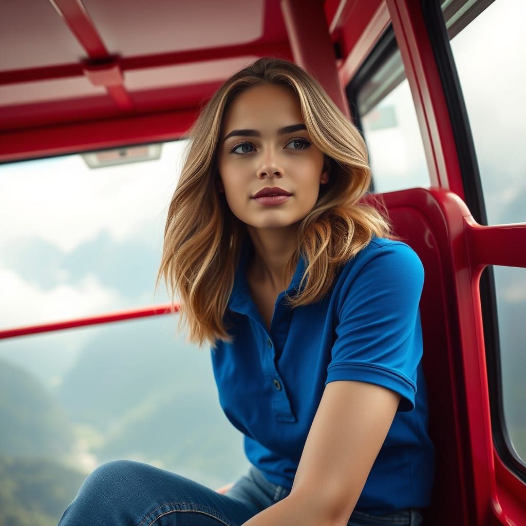 Youthful Woman in Cable Car Gondola Amidst Misty Mountains