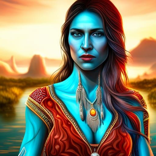 Native American Woman by River in 3D Style
