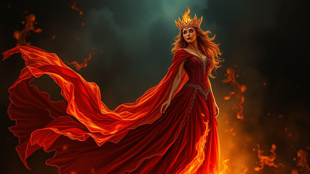 Majestic Fire Queen in a Fiery Gown