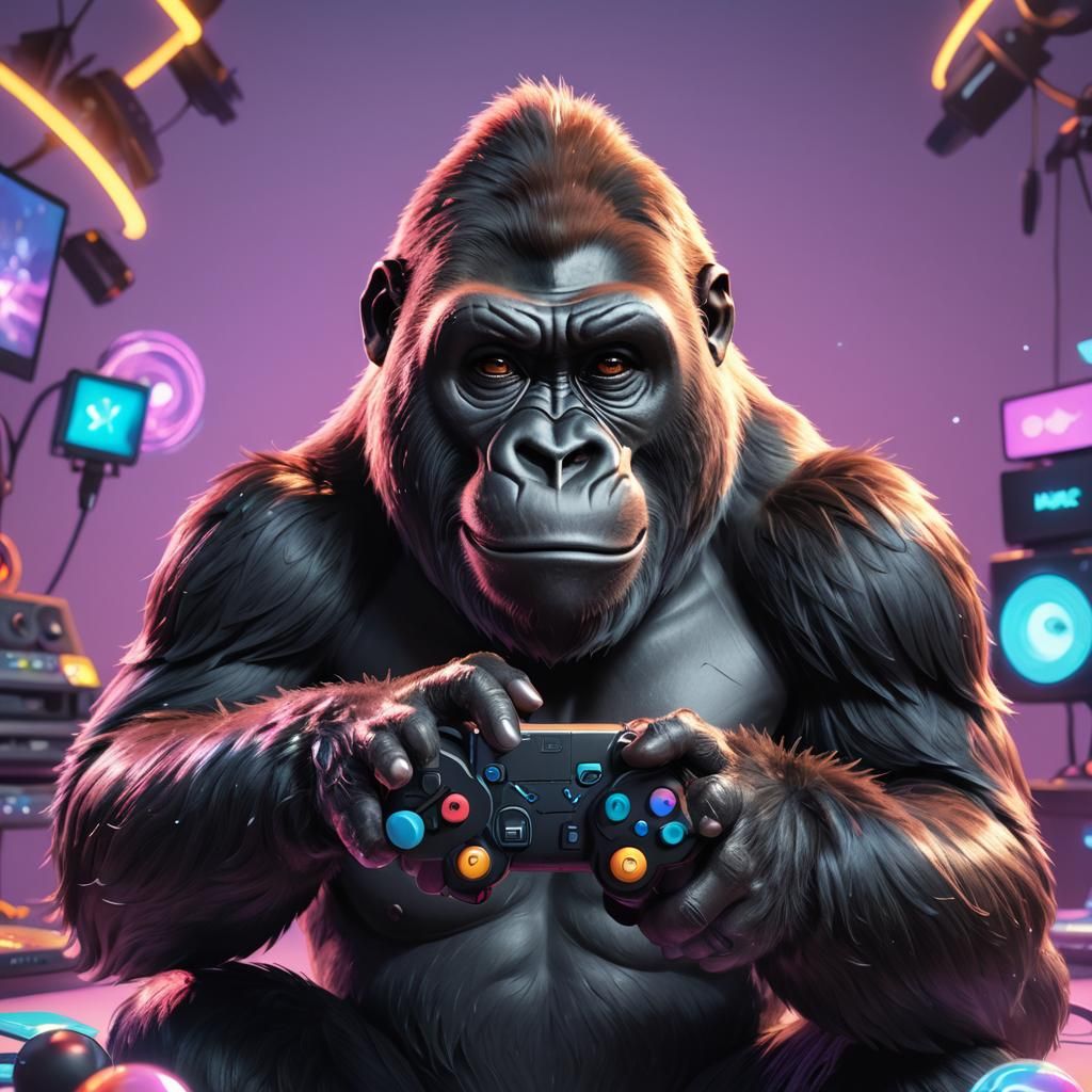 Cute Gorilla Plays PlayStation: Pixar-Style 3D Art