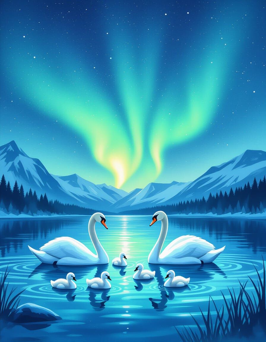 Northern Lights Over Lake with Swans, Watercolor Painting