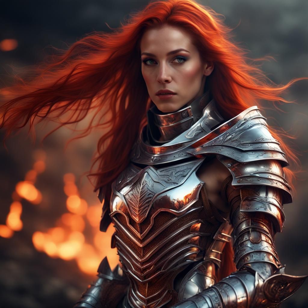 Woman in Chrome Scorpion Armor with Red Hair