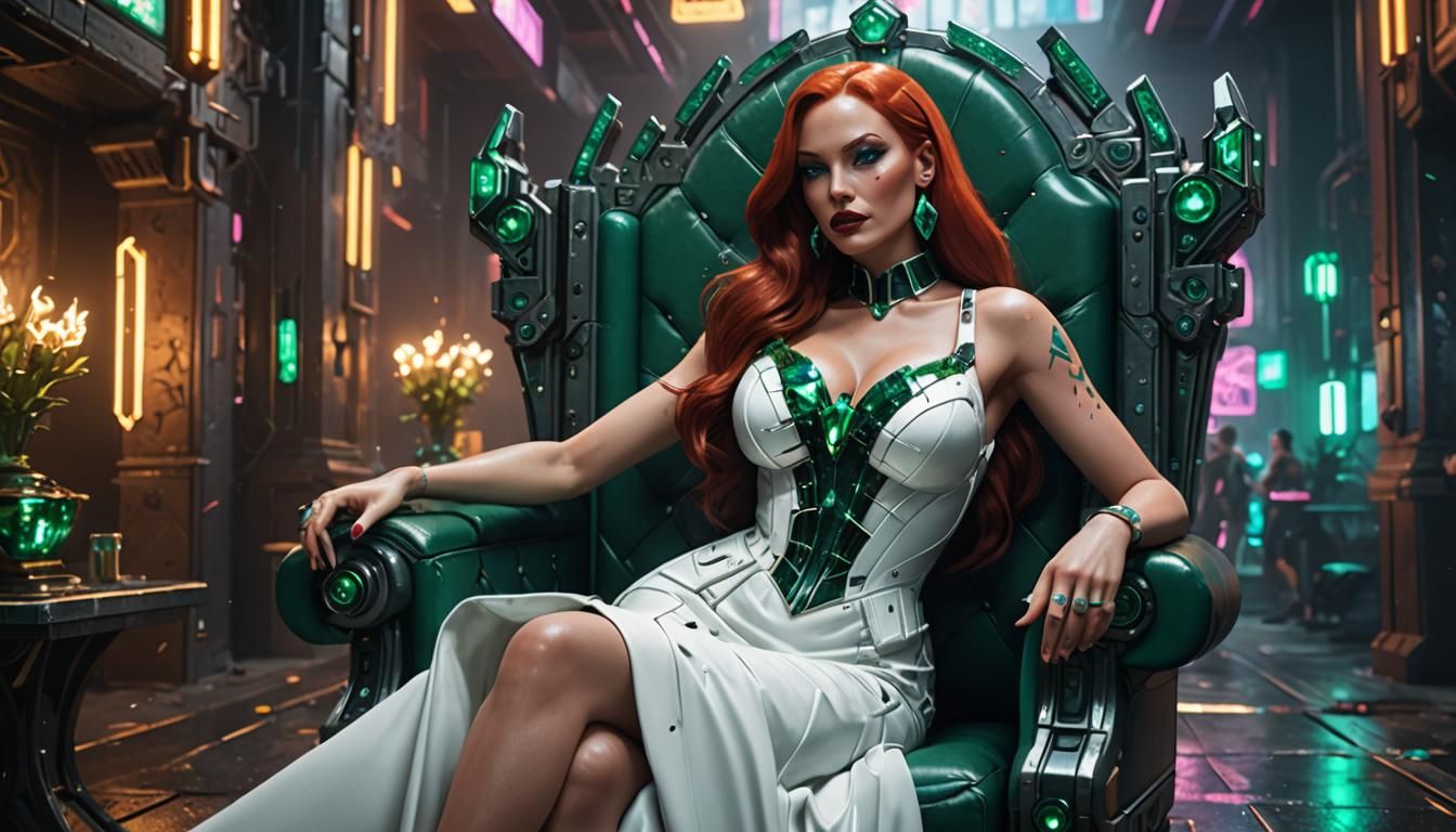 Cyberpunk Jessica Rabbit on Emerald Throne