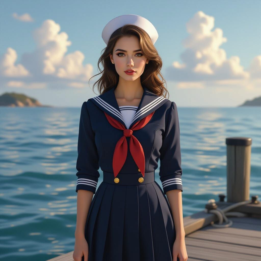 Woman in Sailor Uniform on Dock in Photorealistic Style