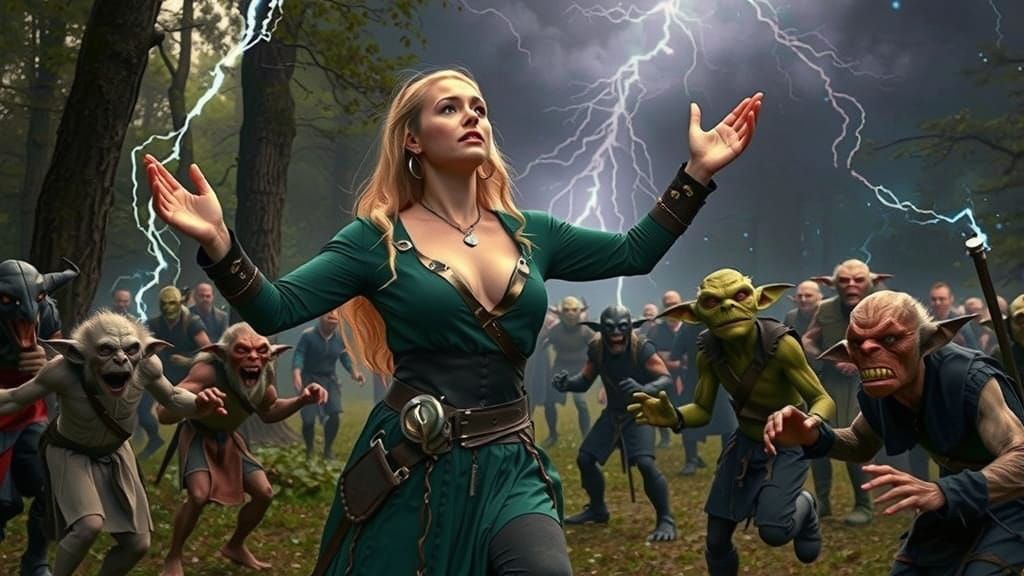 Viking Sorceress Calls Lightning on Goblins in Forest
