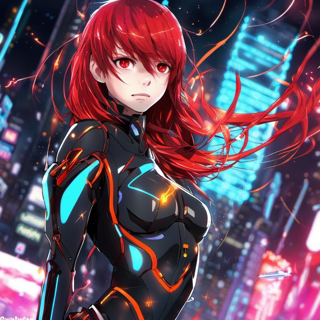 Red Haired Girl in Neon Anime Style