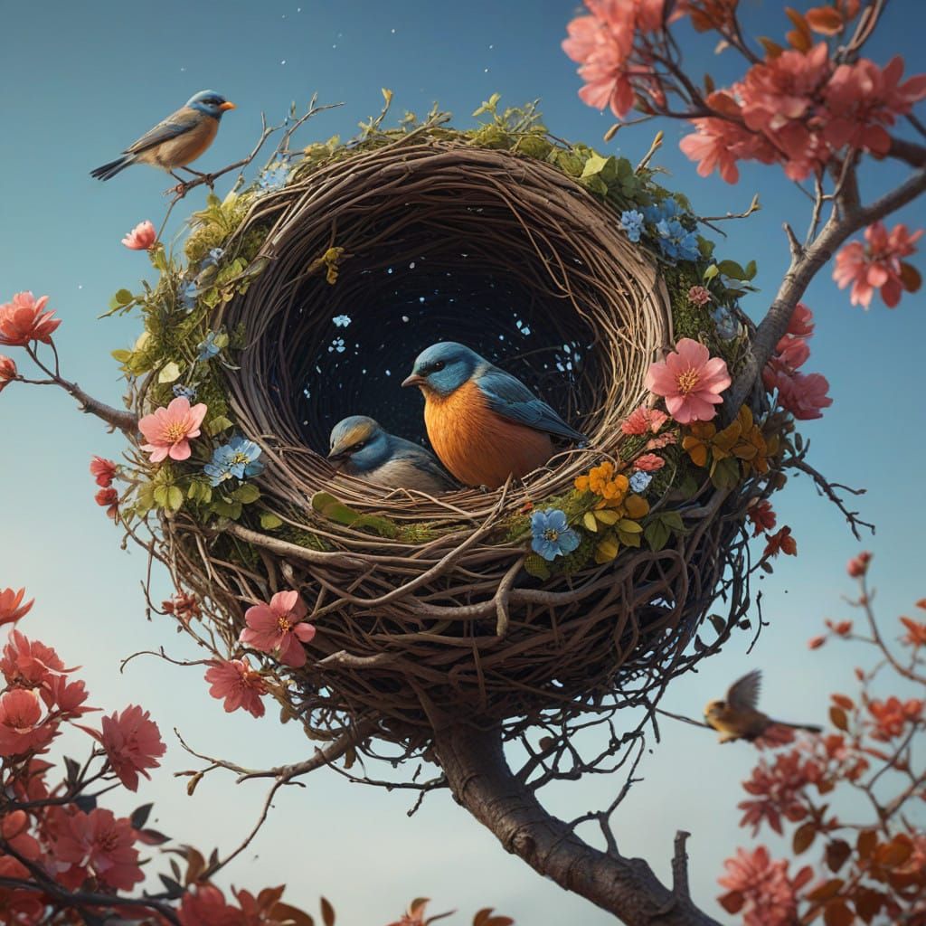 Cute Bird in a Vibrant Floral Nest, Fantasy Concept Art