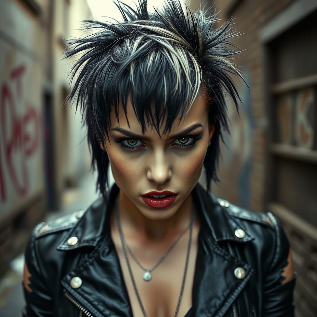Fierce Punk Woman Portrait in Gritty Urban Alley