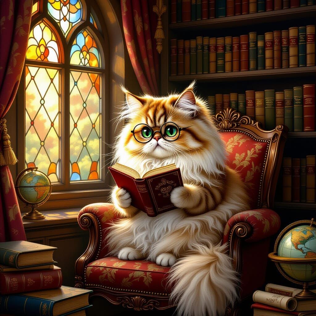 Persian Cat Reads in Magical Library, Painterly Style