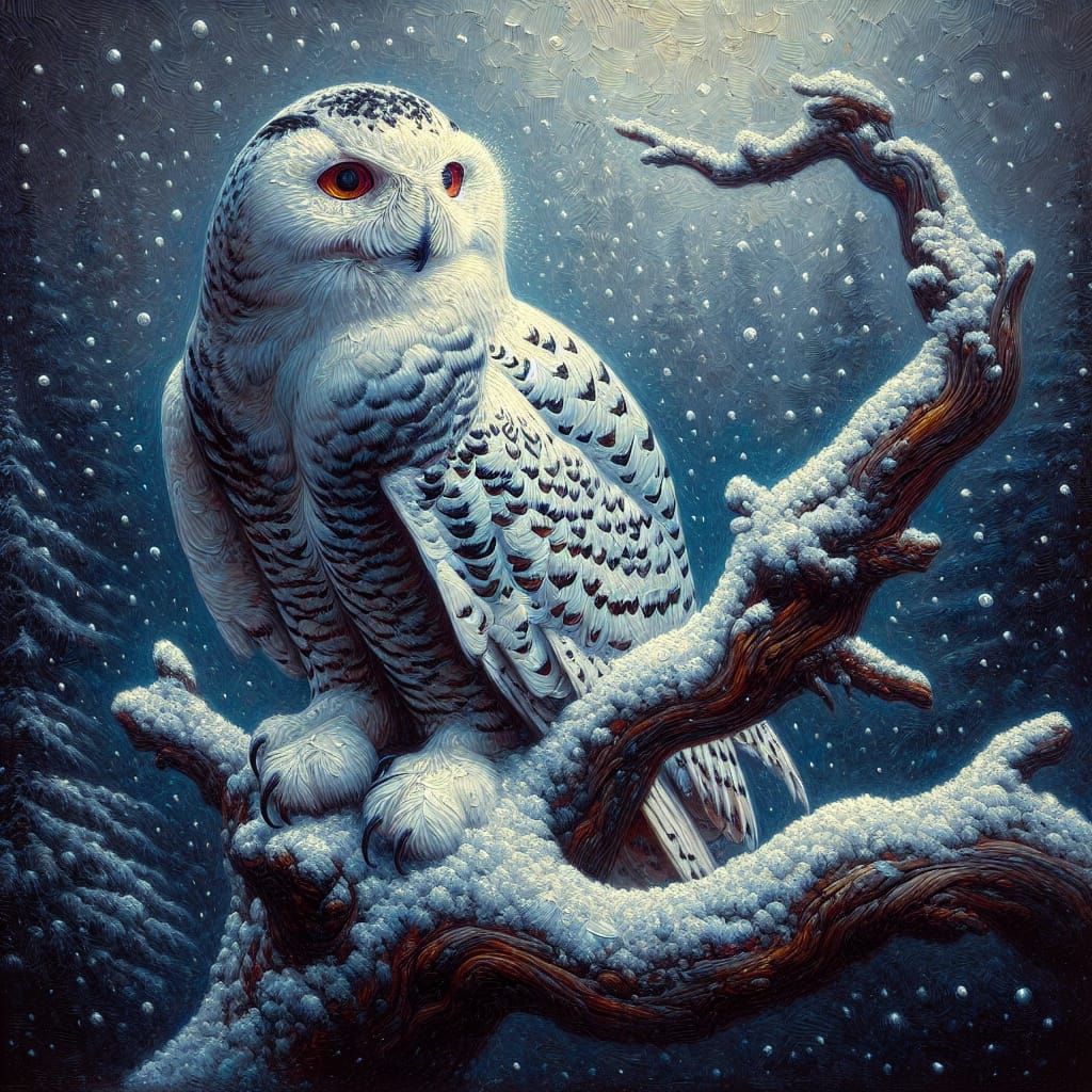 Magnificent Snowy Owl in Gentle Snowfall, Oil Impasto Style
