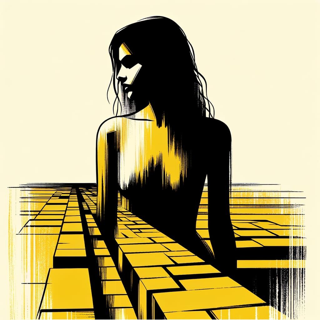 Yellow Ink Silhouette of South Asian Woman on Brick Road