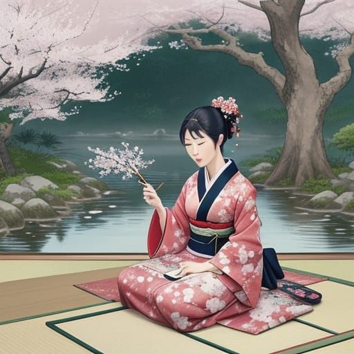 Elegant Japanese Woman in Traditional Kimono, Sumi-e Style