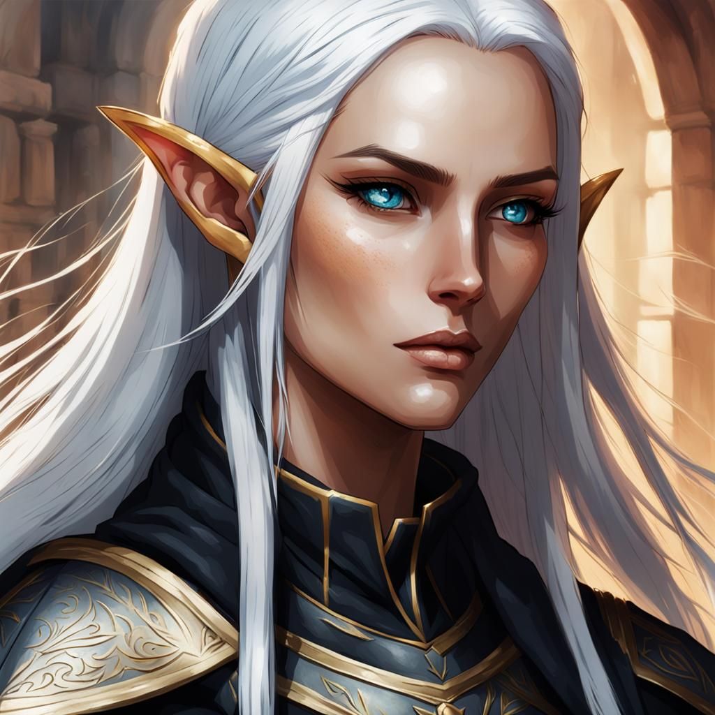 High Elf with White Hair and Black Armor
