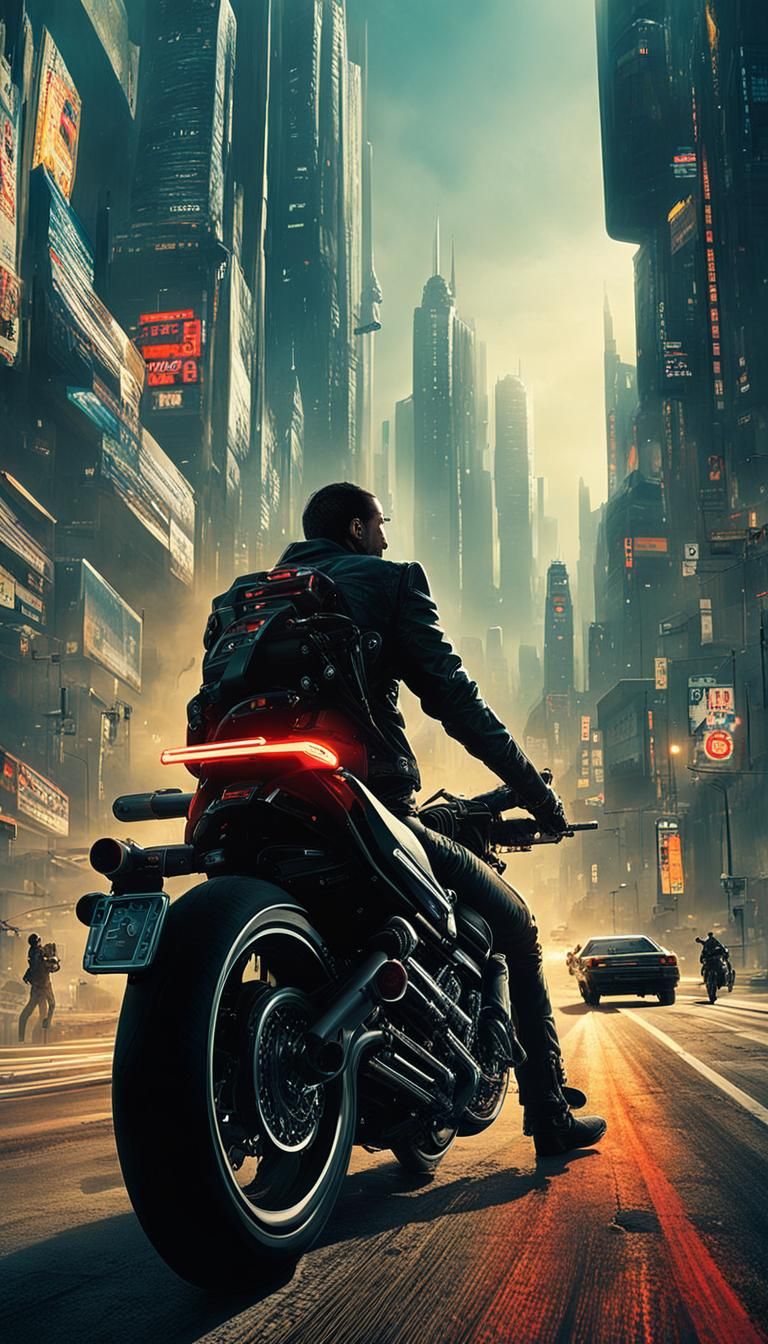Cyberpunk Biker Attacks on City Highway