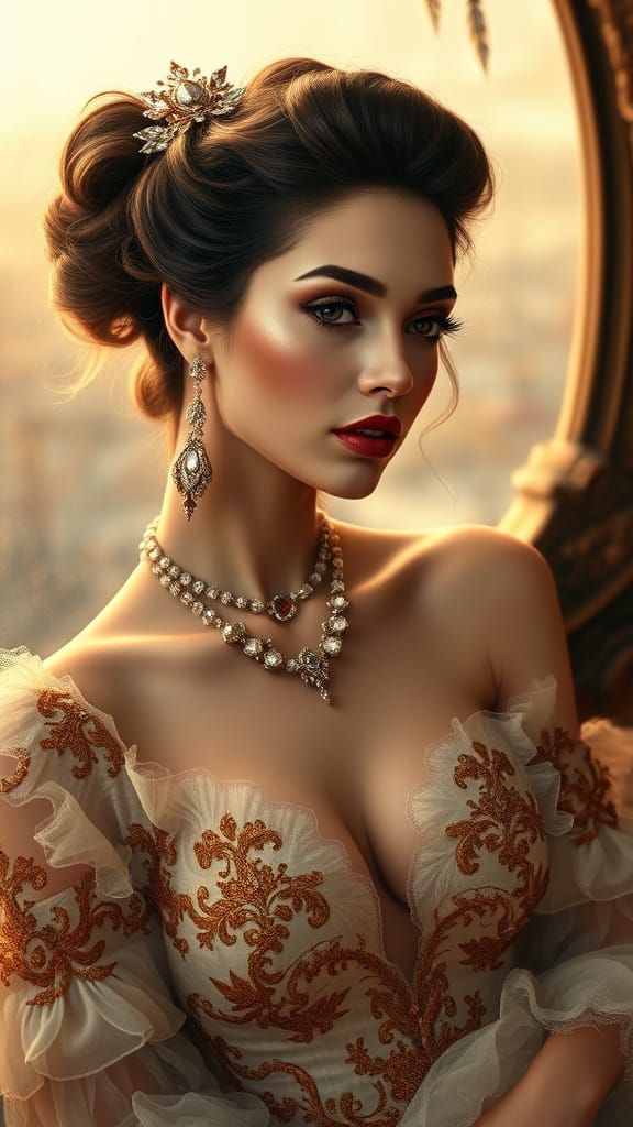 Elegant French Woman in Haute Couture, Soft Impressionist Ba...