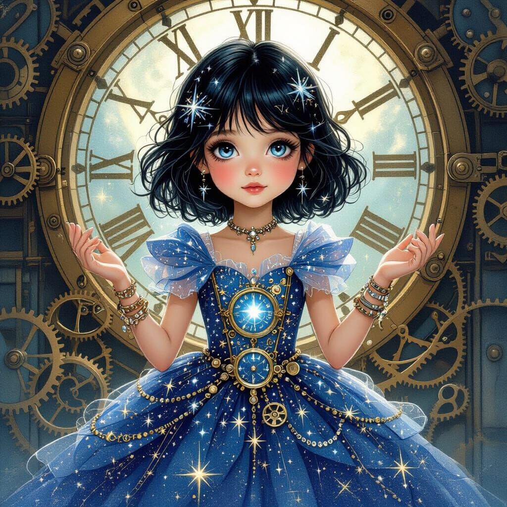 Celestial Girl in Clock Tower with Starry Gown