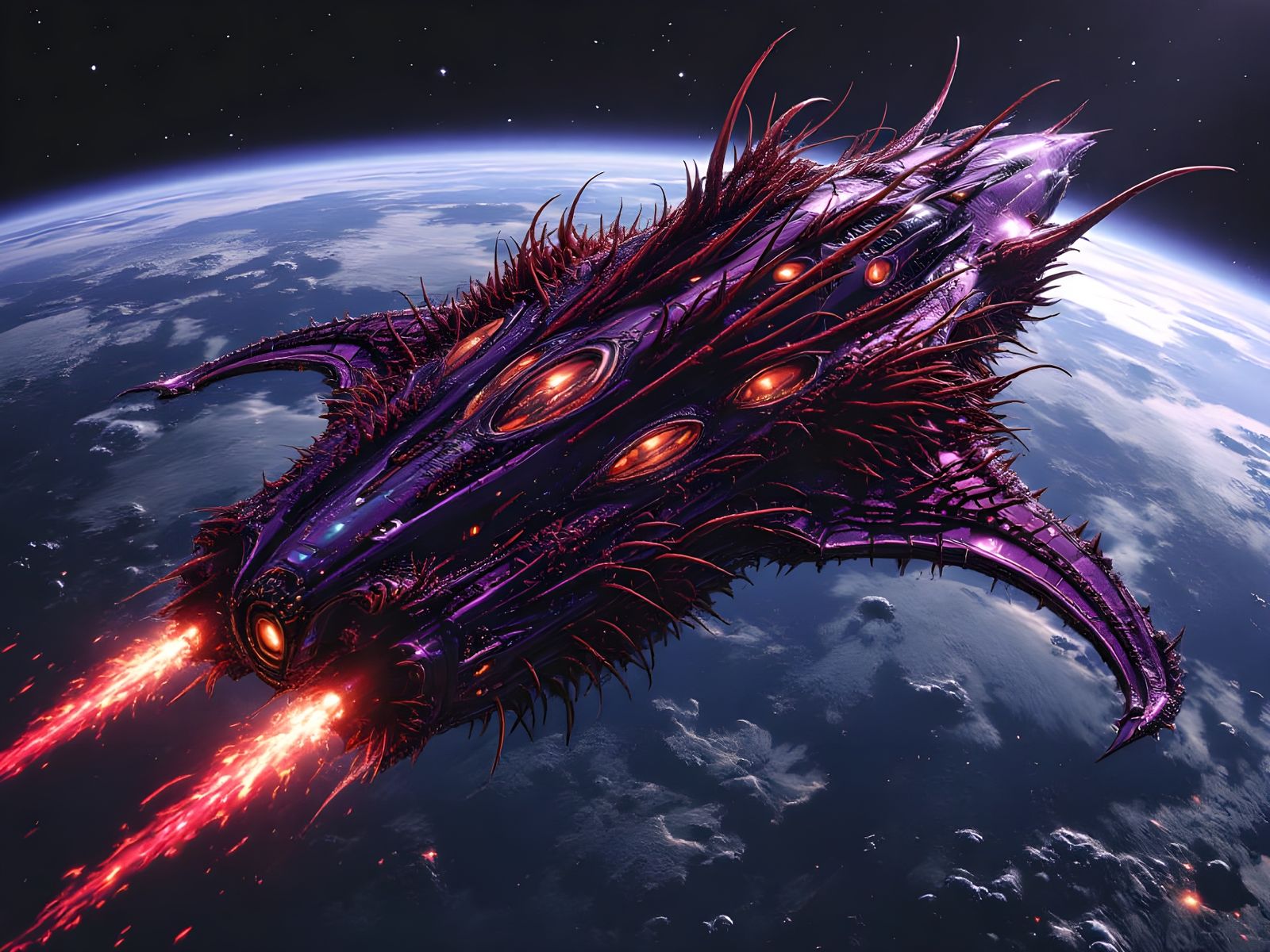 Colossal Bioship Spacecraft in Metallic Hues Flying Over Mer...