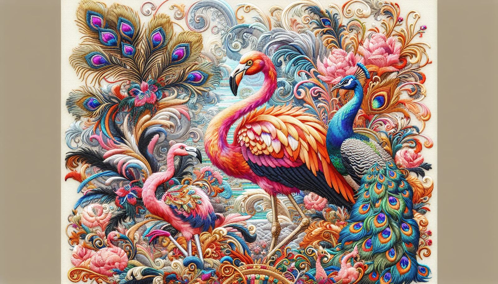 Baroque Embroidery: Flamingo and Peacock Masterpiece