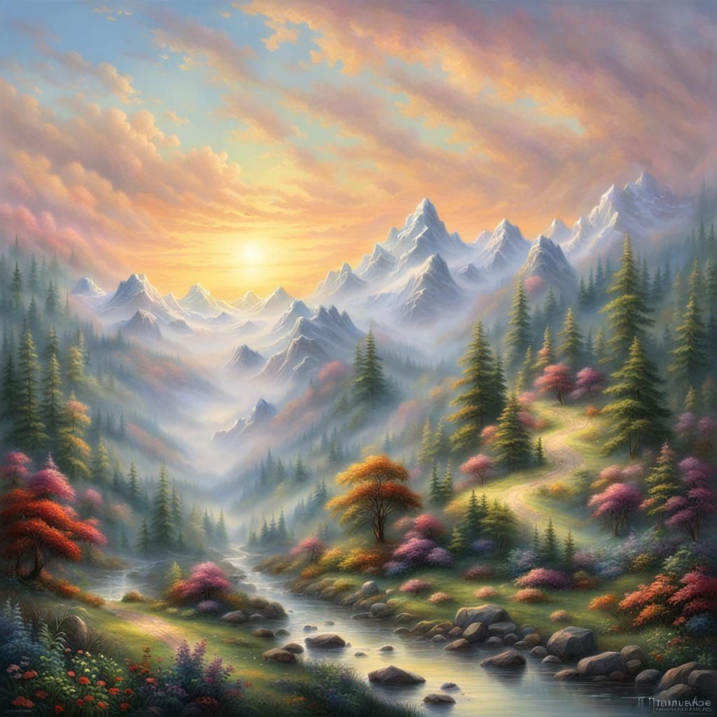 Ethereal Sunrise Over Misty Mountains in Fantasy Style