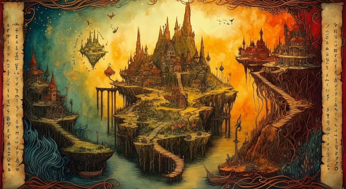 Dreamlike Illustration of a Mystical Realm in Watercolour