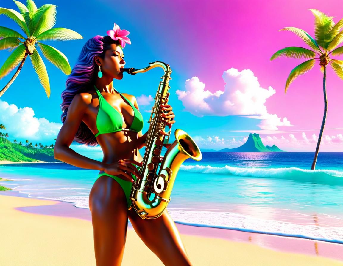 Bikini Woman Plays Saxophone in Vaporwave Style
