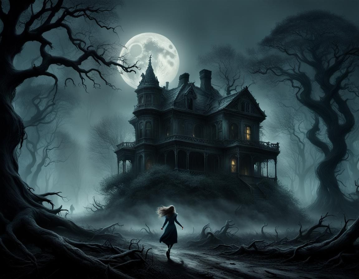running through a misty forest with twisted, gnarled trees and a dilapidated Victorian house in the distance