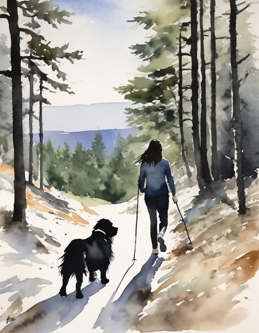 Minimalist Watercolor of Woman and Landseer Dog Hiking