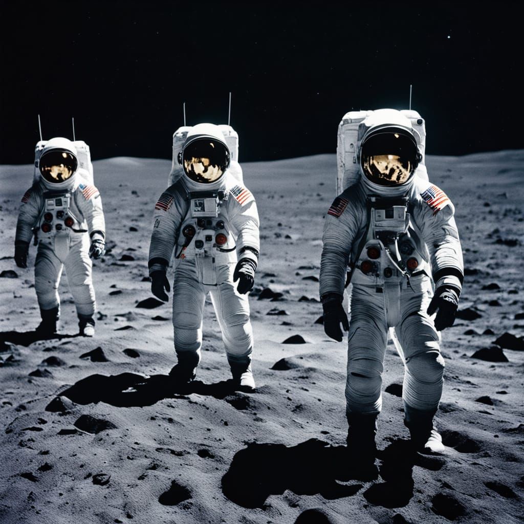 Astronauts on Moon with Mirror Faceplates in Film Noir Style