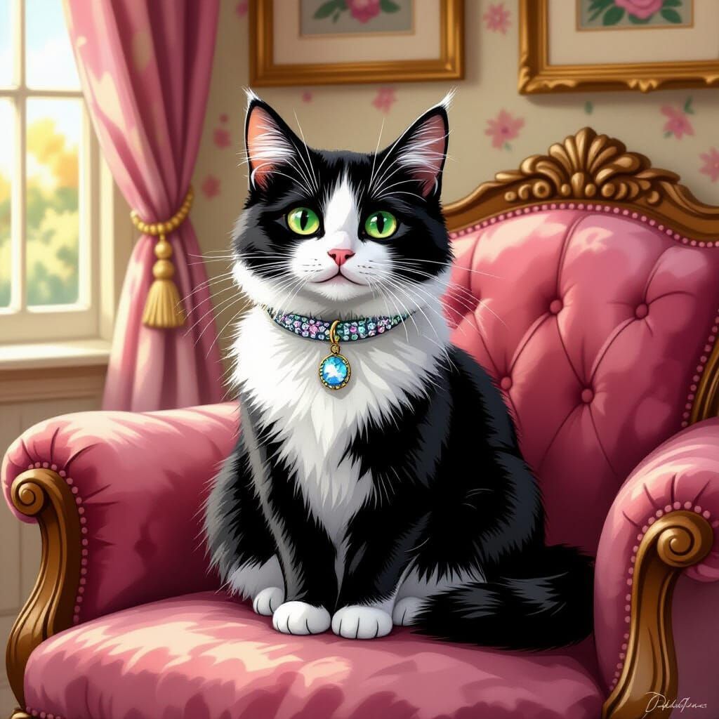 Cat on Velvet Cushion in Classic Illustration Style