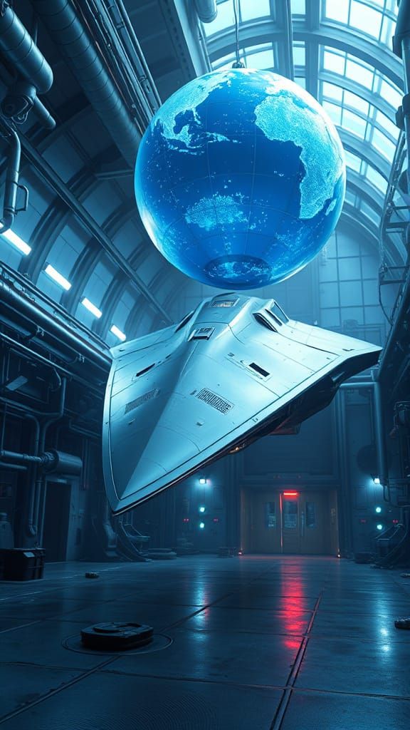 Sleek Spaceship Dominates Dark Futuristic Chamber
