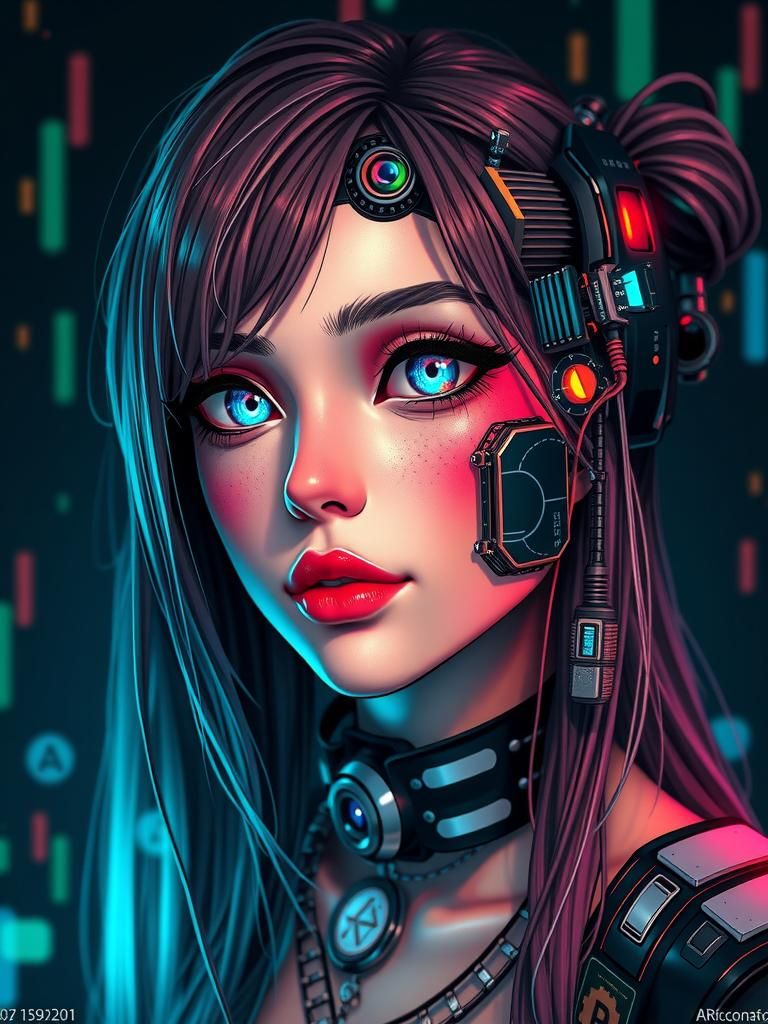 Cyberpunk Anime Girl Portrait with Electronic Implants